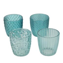 BOLTZE Marilu 2019848 Lantern Set of 4 (Blue, Decorative Glasses for Candles/Tea Lights, Candle Holder Diameter 8 cm, Various Patterns, Round Shape, Tea Light Holder) 2019848, Normal