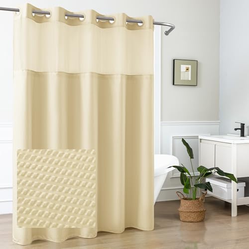 Mrs Awesome No Hook Shower Curtain with Snap-in Liner, Embossed Waffle Design Fabric Shower Curtain for Bathroom, Soft & Lightweight, 71x74, Beige