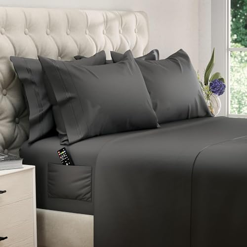 "DREAMCARE Queen Sheet Set - 6 pcs Breathable Cooling Bed Sheets - up to 15"" Deep Pocket Queen Sheets Set with Side Pockets - Extra Soft 100% Brushed Hypoallergenic Hotel Luxury Bedding - Gray"