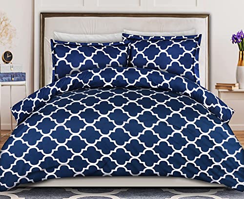 ComfyWell King Duvet Set - Printed Duvet Cover Sets Quilt Cover King Size Bed with 2 Pillowcases Zipper Closure-Ultra Soft Brushed Microfiber. Navy Blue (King(230x220cm), Navy Blue)