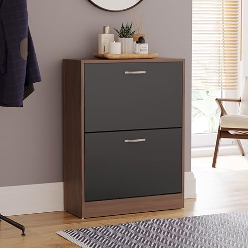 Vida Designs Shoe Cabinet, Wooden Shoe Storage Unit with 2 Pull-Down Drawers, Multifunctional Dust-Proof Space-Saving Slim Cupboard for Hallway or Entryway (Walnut & Black)