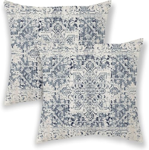 BETGINY Boho Pillow Covers 24x24, Blue and White Ethnic Design Outdoor Decorative Throw Pillows for Couch, Carpet Pattern Decor Cushion Cover 2 Pcs Farmhouse Linen Pillowcase for Bed Car Safa