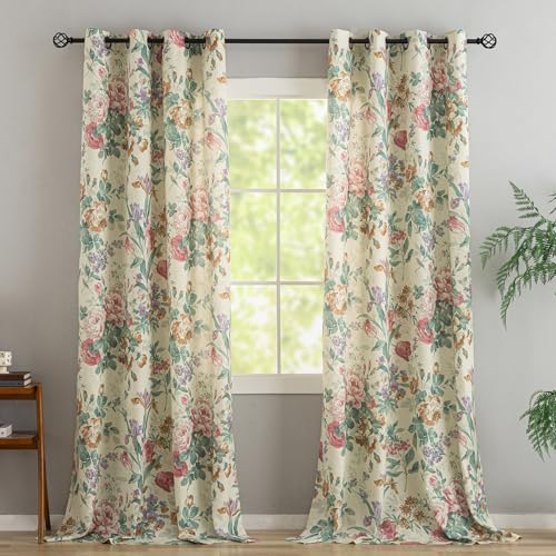 Vintage Curtains 2 Panels Linen Textured Victorian Roses Flowers Pattern Living Room Curtains 95 Inches Long, Grommet Privacy Window Semi Sheer Botanical French Country Floral Curtain Panels, 50x95 In