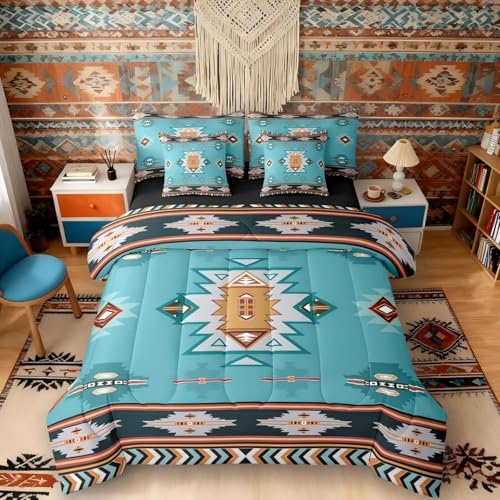 Erosebridal Western Bed in a Bag King Size Comforter Set 7 Pieces - Bohemian Decor Geometric Bedding Sets Boho Aztec Comforter and Sheet Set, Ethnic Tribal Arrow Bed Sets,Teal