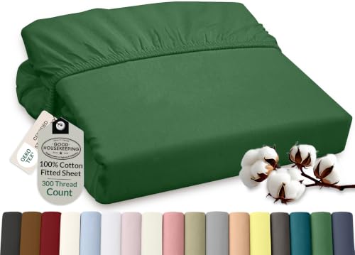 ROYALE LINENS 300 Thread Count 100% Long Staple Combed Cotton Fitted Sheet Twin XL - Super Soft Deep Pocket Bottom Sheet - Fitted Sheets Only - Elastic Sheets (Twin XL, Hunter Green)