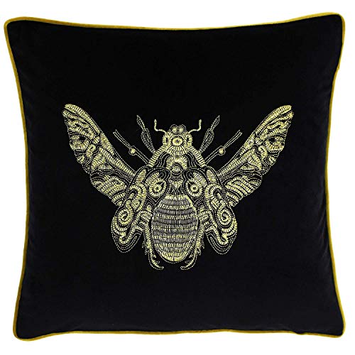 "Riva Paoletti Cerana Cushion Cover - Super Soft Velvet Fabric - Embroidered Gold Bee Design - Gold Piped Edges - 100% Polyester - Black - 50 X 50cm (20"" X 20"" Inches)"