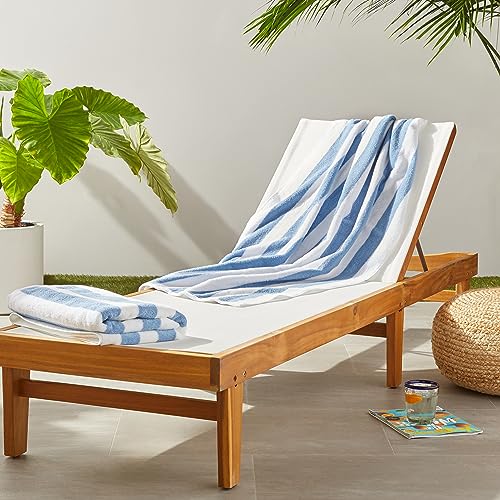 "Amazon Basics Striped Beach Towels, Soft & Absorbent Pool Towel, 100% Ring-Spun Cotton, Machine Washable, Quick Dry, OEKO-TEX Certified, Large 30"" x 60"", Sky Blue Cabana Stripe, 2-Pack"