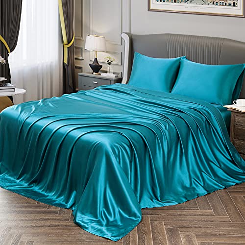 Vonty Satin Full Teal Sheets, Fitted + Flat + 2 Pillowcases - Silky Satin Protects Hair, Reduces Facial Wrinkles, Deep Pocket Up To 15 Inch, Machine Washable, Year-Round Comfort