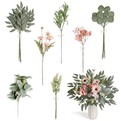 Koroni Flowers Artificial Greenery Stems Box Set, 33pcs with 7 Kinds of Faux Greenery Picks for DIY Bridal Bouquets Wedding Floral Arrangement Table Centerpieces(Green & Pink)