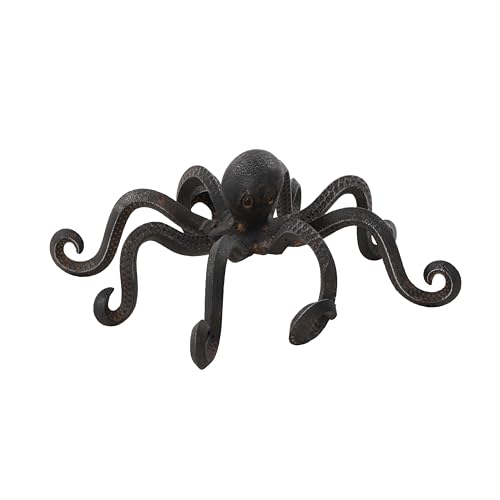"Deco 79 Metal Octopus Decorative Sculpture Home Decor Statue with Long Tentacles and Suctions Detailing, Accent Figurine 12"" x 9"" x 4"", Black"