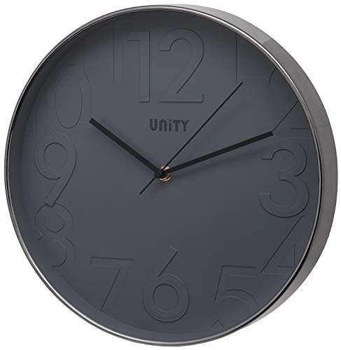 Unity Wall Clock, Clifton, Raised Numbers, Grey, Silent Sweep, 12-inch / 30cm