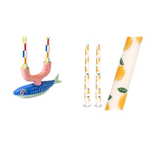 Ceramic Fish Candle Holder & Lemon Design Tapered Dinner Candles Bundle