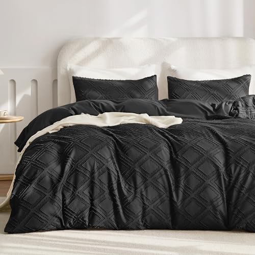 JELLYMONI King Size Bedding - Black Microfiber Tufted Duvet Cover Set, Boho Textured Duvet Cover Jacquard Rhombus Geometric Pattern with Corner Ties & Zipper Closure