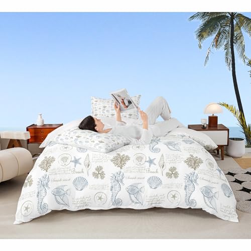 Coastal Duvet Cover Set King Size,Seashell Conch Seahorse Starfish Coral Bedding Set 3Pcs,Ocean Beach Comforter Cover for Kids Teens Adult Room Decor,Light Blue Beige White Quilt Cover,2 Pillowcases