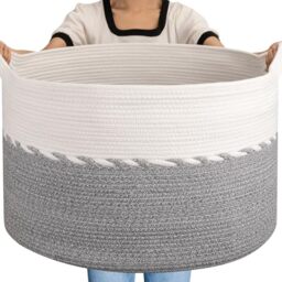 "OIAHOMY Extra Large Cotton Rope Laundry Basket with Handles for Living Room, 25"" x 16"", Grey"