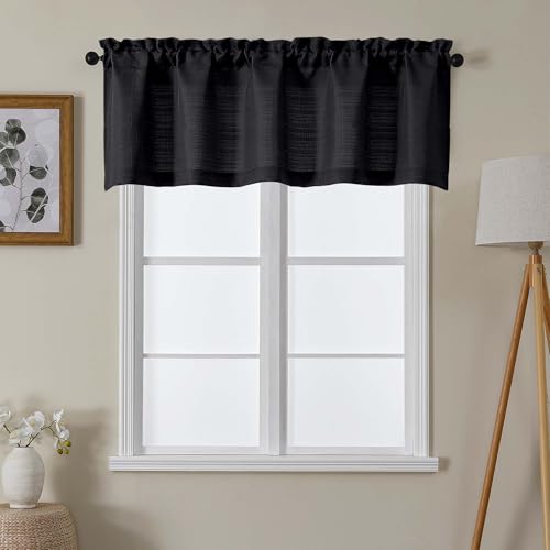 "Lecloud Black Valances for Windows 1 Piece, Burlap Textured Short Curtain for Small Windows with Dual Rod Pocket, Window Curtain Valance for Kitchen Cafe Bedroom Bathroom, 60"" W x 18"" L"