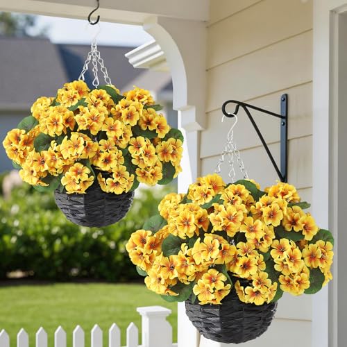 GLIDLION 2 Set Artificial Geraniums Flowers with Hanging Baskets for Outdoors - Sun Resistant Silk with Geranium Flowers, Fake Hanging Planters for Front Porch Garden Patio Home Decor (Yellow)