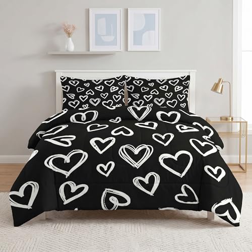 Pamnest Comforter Set Full Size, Love Valentine Cute Soft 3 Pcs Bedding for Kids and Adults, Polka Heart Black White Comforter Set with 2 Pillowcases, for Bedroom Bed Decor