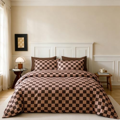 CLOTHKNOW Brown Checkered Comforter Set Queen Grid Bedding Comforter Sets - 3-Piece Plaid Bedding Sets, Checkerboard Pattern, Soft, All Season Lightweight