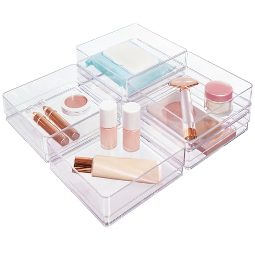 "STORi SimpleSort 6-Piece Stackable Clear Drawer Organizer Set - 6"" x 6"" x 2"" Square Trays - Small Makeup Vanity Storage Bins and Office Desk Drawer Dividers - Made in USA"