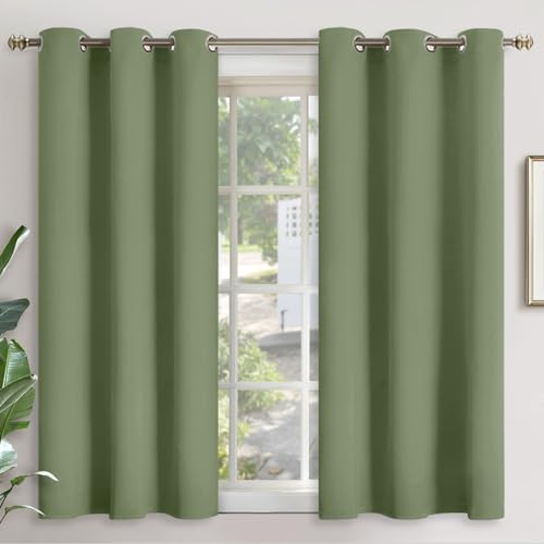 YoungsTex Olive Green Blackout Curtains 45 Inch Length for Bedroom Kitchen Window - Short Thermal Insulated with Grommet Room Darkening Drapes Privacy for Bathroom, 2 Panels, 42 x 45 Inch