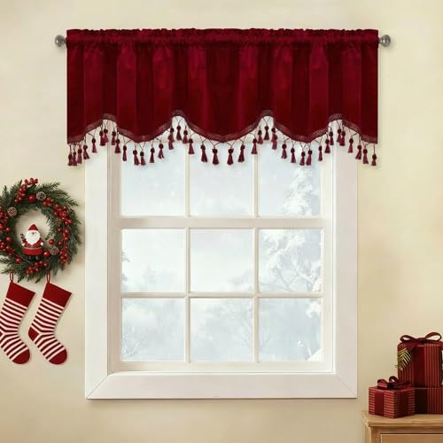 StangH Red Velvet Valances for Christmas Home Decoration, Rod Pocket Kitchen Tier Curtains Room Darkening Window Drapes for Bedroom/Bay Window, W52 x L18, 2 Panels