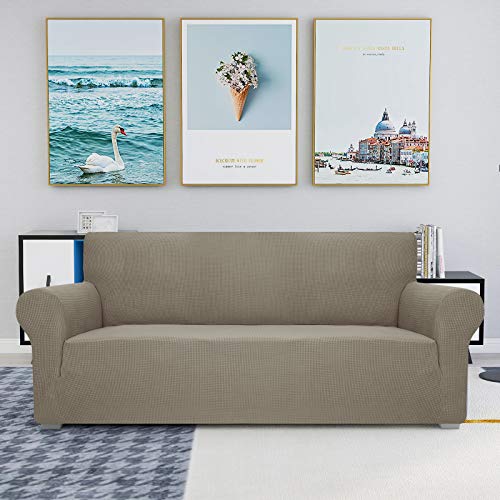 JIVINER High Stretch Couch Covers for 3 Cushion Couch, Seat Covers 1-Piece Jacquard Elastic Sofa Slipcovers Anti Slip Sofa Cover with Elastic Bottom Furniture Protector for Kids Pets (Sofa, Khaki)