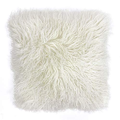 "Riva Paoletti Mongolian Cushion Cover - Pristine White - 100% Natural Sheepskin Fur Fabric - Luxurious Suede Feel Reverse - 100% Wool - 40 x 40cm (16"" x 16"" inches) - Designed in the UK"