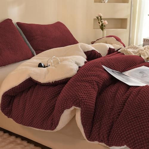 "LLanCL 3D Jacquard Design Comforter Set, Ultra-Soft Warm Queen Size Sherpa Fur Plush 3-Pieces Sets Luxury Cozy Bedding with 2 Pillowcases (90""x90"", Burgundy)"