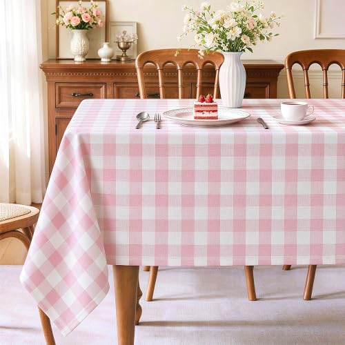 "Laolitou Spring Pink Gingham Table Cloth Rectangle Tables Buffalo Plaid Checkered Tablecloth Cotton Linen Farmhouse Tablecloths Washable Wrinkle Free for Picnic Kitchen, 60""x75"" 4-6 Seats"