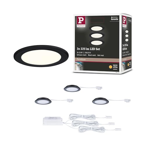Paulmann 93117 LED recessed Furniture luminaire 3-Piece Set 65 mm 3x2.5W 3x180lm 230/12V 3000K Black matt