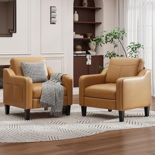 Arm Chairs for Living Room Set of 2, Accent Chair with Side Storage Pocket, PU Leather Armchairs with Thick Cushion, Anti-slip Solid Plastic Legs Single Sofa Chair for Bedroom, Light Brown