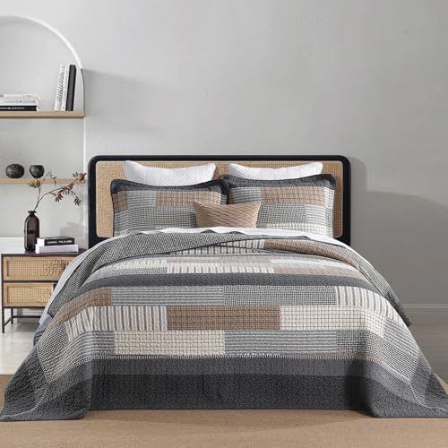 "FineStichery Oversized Queen Quilt Bedspread 120""x102"" - 100% Cotton Farmhouse Bedspreads Coverlet Set, Quilted Patchwork Bedding Cover, Lightweight, Reversible, 3 Pieces, Grey/Brown/Beige"