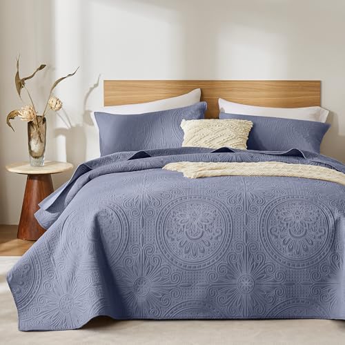 WURUIBO Twin Quilt Set Grey Blue,Ultrasonic Embossed Bedspread, Lightweight Microfiber Coverlet, Modern Thin Bedding Set for All Season, 2 Piece(1 Quilt,1 Pillow Shams)