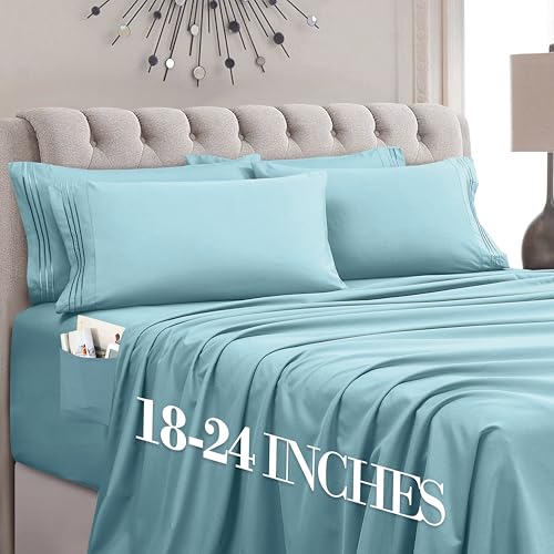 Mocassi Luxury 6-Piece Sheet Set, Ultra Soft 1800 Premium Hotel Quality Microfiber Sheet Set, Fits Mattresses Up to 18 to 24 Inches Extra Deep Pocket - Breathable and Secure Fit, Cal King, Aqua Blue