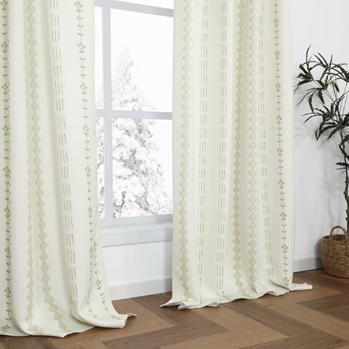 Farmhouse Curtains Semi Blackout, Cream and Tan Striped Drapes for Living Room Bedroom 96 Inch Long 2 Panel Set