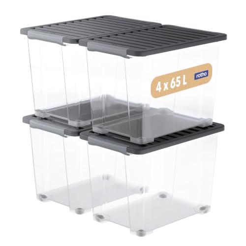 Rotho Core Plus Storage Boxes with Lids 4 x 65 L Lockable Stackable Black - Large Storage Box with Lid, transparent sides show contents, four stackable boxes, closable lids and wheels for repositioning
