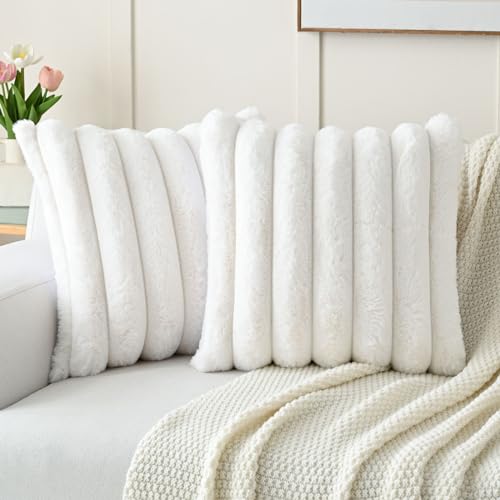 FUTEI Cream White Decorative Throw Pillow Covers 20x20 Inch Set of 2, Square Soft Faux Rabbit Fur Big Striped Cushion Cover,Home Decor for Couch Sofa Bed Living Room