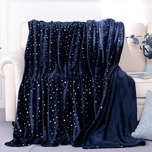 "Stellhome Navy Blue Lightweight Throw Blanket, Ultra Soft Thick Flannel Star Foil Print Fleece Bed Blanket for Sofa Couch, Twin Size 80""x65"""