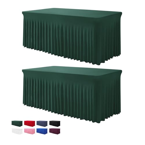 BDDC 2 Pack Rectangle Table Skirts 4ft - Hunter Green, Wrinkle Resistant, Stretchable, Classic Style with Ruffles, Perfect for Parties, Weddings, Banquets