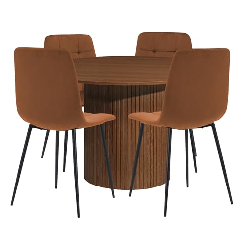 Birlea Axel Round Fluted Dining Table Walnut With 4 Fabirc Chairs Russet