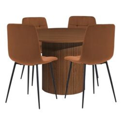Birlea Axel Round Fluted Dining Table Walnut With 4 Fabirc Chairs Russet