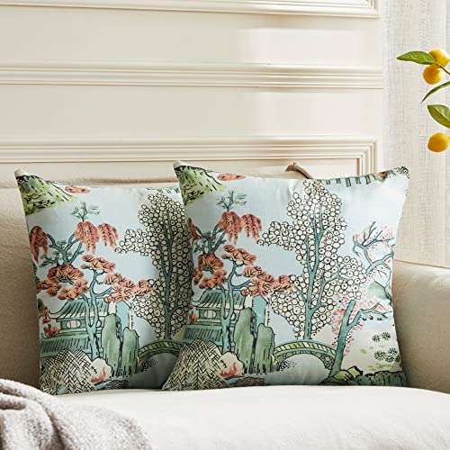 BLESFEST Pack of 2, Chinoiserie Pillow Cover 16 x 16 Inch Thibaut Asian Scenic Blue and Pink Throw Pillow Covers Linen Farmhouse Tree Leaves Pillow Case Cushion Covers for Sofa Couch Living Room