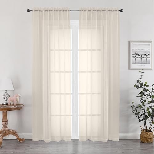 "OWENIE Cream Sheer Curtain 96 Inch Long 2 Panels Set, Light Filtering Clear Rod Pocket Soft Sheer Curtain 95 for Bedroom/Living Room, 2Pcs, Each 42"" W x 96"" L, Cream"