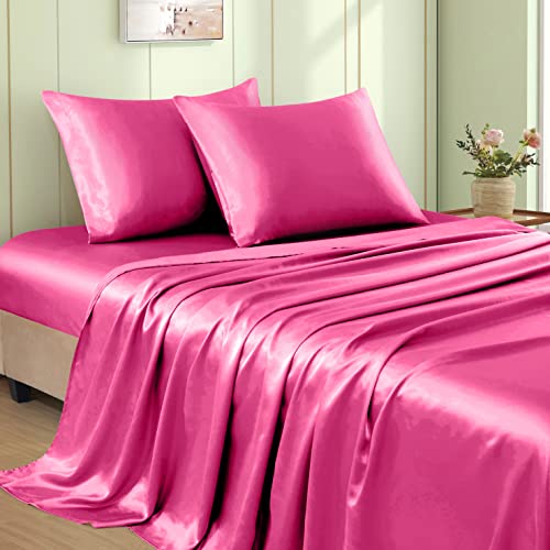VACVELT 4pcs Hot Pink Satin Sheets King Set, 15-Inch Deep Pocket - Silky Smooth Texture, Protects Skin And Hair, Wrinkle And Fade Resistant, Breathable Year Round, Machine Washable
