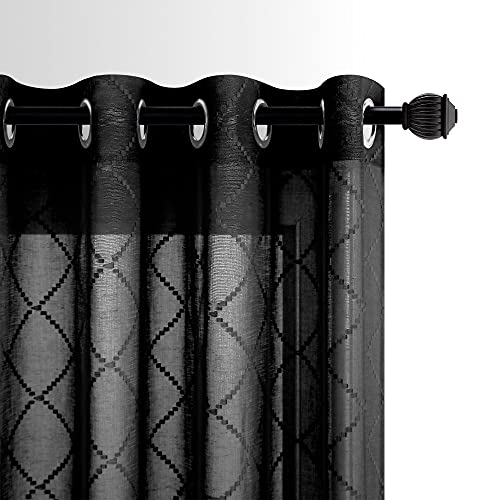 KOUFALL Black Curtains 84 Inches Long for Living Room 2 Panels Set Pattern Grommet Window Sheer Moroccan Trellis Diamond Geometric Modern Design Curtains for Bedroom 52x84 Inch Length