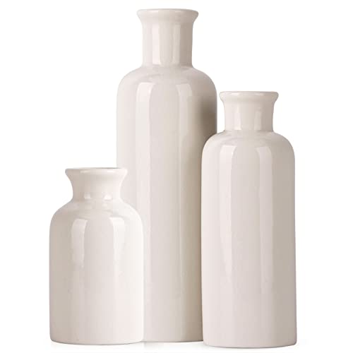 Farmhouse Decor 3 Piece Set - White Crackle Ceramic Vase for Country Home Centerpieces, Living Room, Table, Fireplace and Entrance