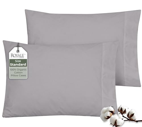 "ROYALE LINENS 100% Organic Cotton Percale Pillowcases Set of 2 - Standard Size Percale Pillowcase - Standard Set of 2 Pillow Cover - Breathable, Cool & Crisp Pillow Cases (20""x26"", Silver)"