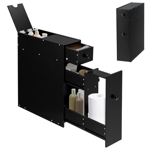 RELAX4LIFE Bathroom Floor Cabinet, Wooden Slim Side Storage Cabinet with Slide Out Drawers, Toilet Paper Cupboard Organizer Unit for Bedroom, Living Room and Kitchen (Black)