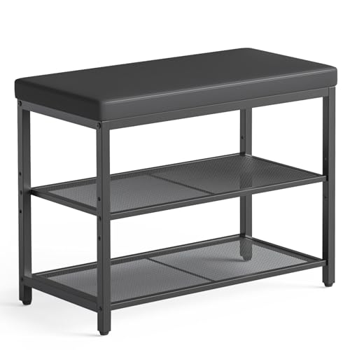 Mondeer Shoe Bench, 3-tier Shoe Rack with Cushion Seat, Shoe Organizer with Adjustable Height Storage Shelf Industrial Style, for Entryway Hallway Living Room Bedroom, 60 x 30 x 50 cm, Black